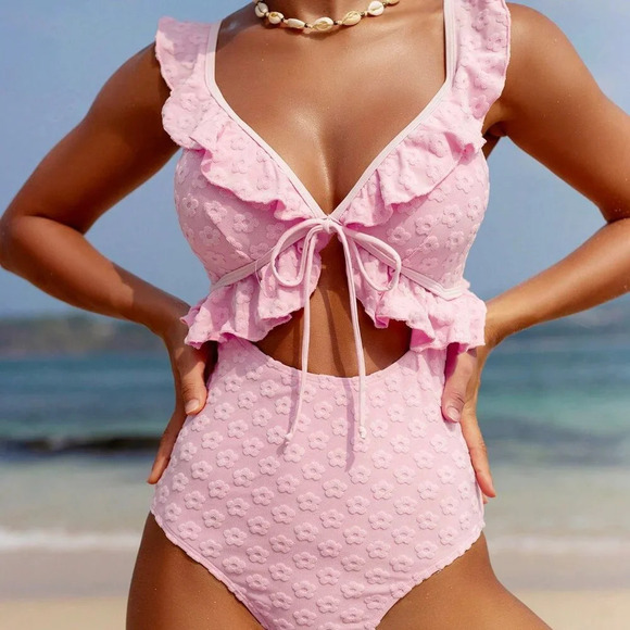 Pink Cute Women's Beach Vacation Jacquard Ruffle Trim One-Piece Swimsuit - Picture 3 of 6